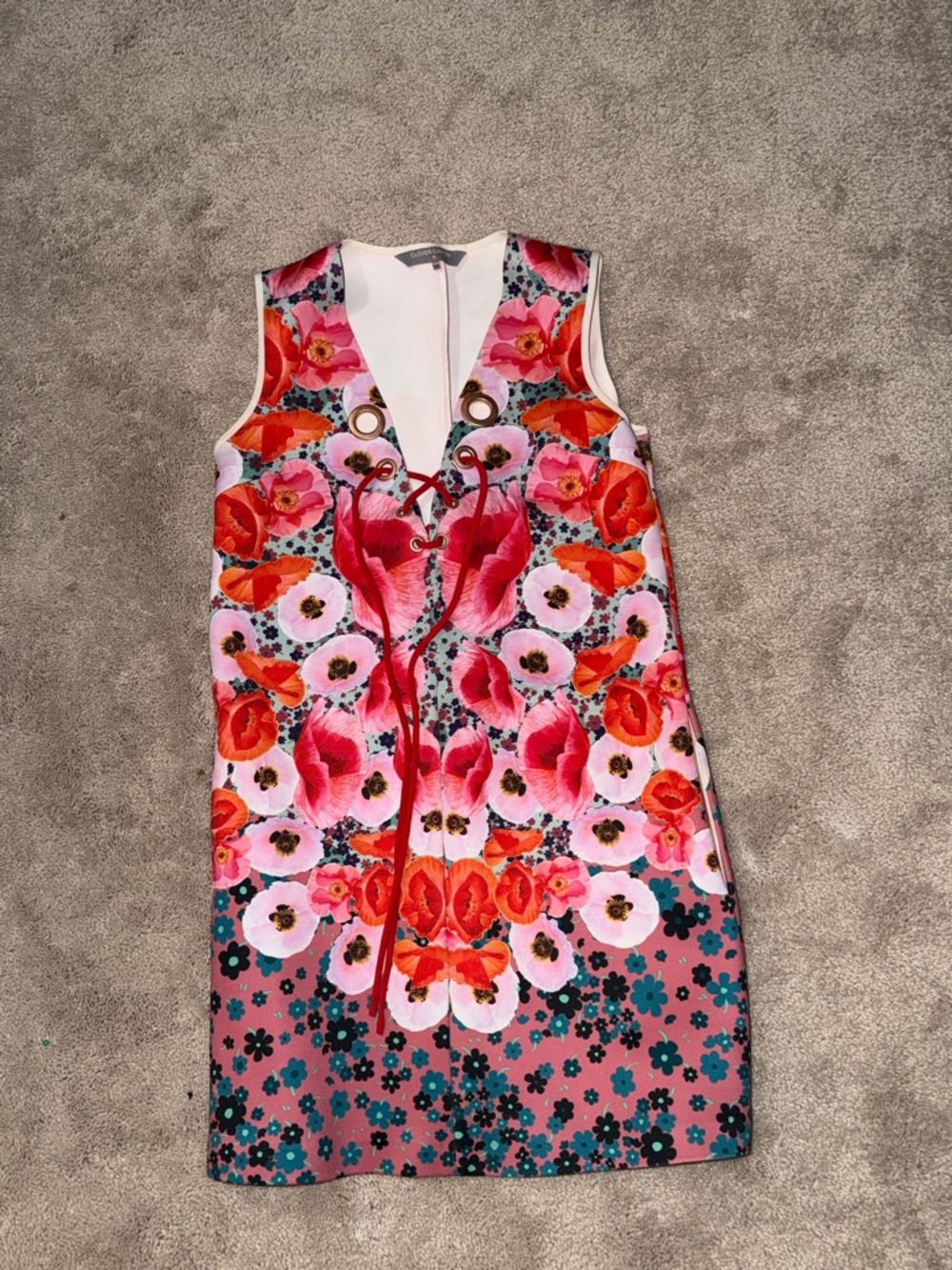 Clover Canyon Pink and Red Floral Lace-Up Mini Dress